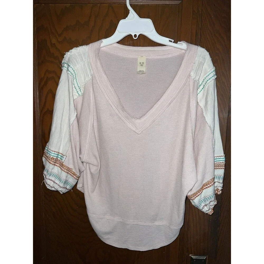 Free People Shirt Womens M Bubble Tee Tops Blouson puff Sleeves embroidered Pink